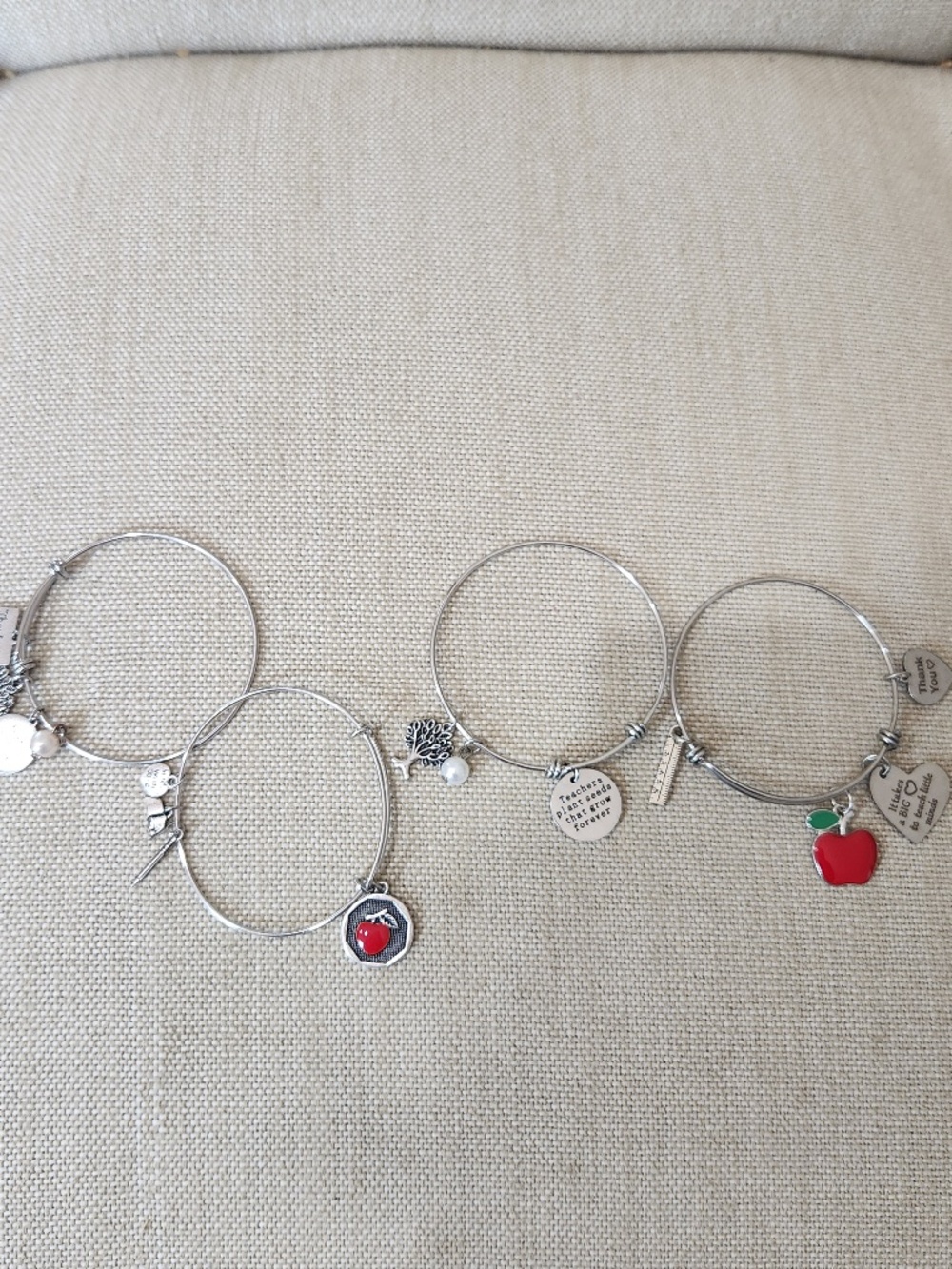 Lot of 4 Wire Sliding Closure OS Teacher Silver-tone Bracelets Bangles w/ Charms